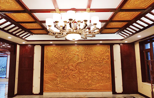 海南中式别墅客厅中式木作横梁吊顶装饰展示