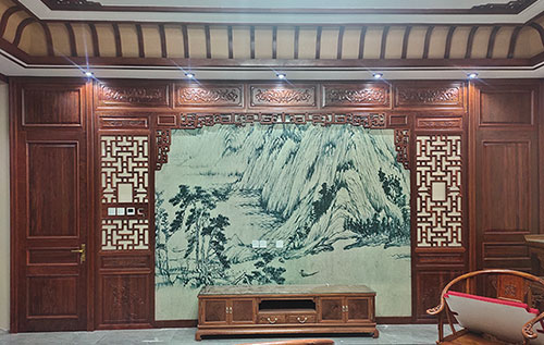 海南中式仿古别墅客厅背景墙花格木作装饰